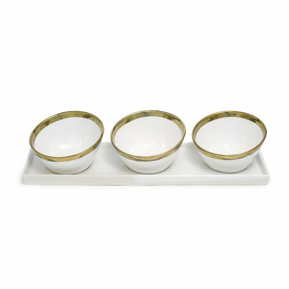 Yedi Houseware Serving 3 Bowls & Tray Appetizer Set Sauce Dip White Gold- 16" L